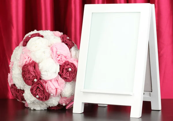 White photo frame for home decoration on curtains background — Stock Photo, Image