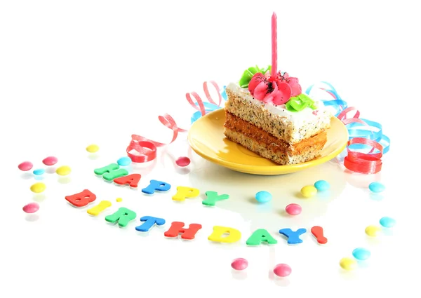 Colorful birthday cake with candle isolated on white — Stock Photo, Image
