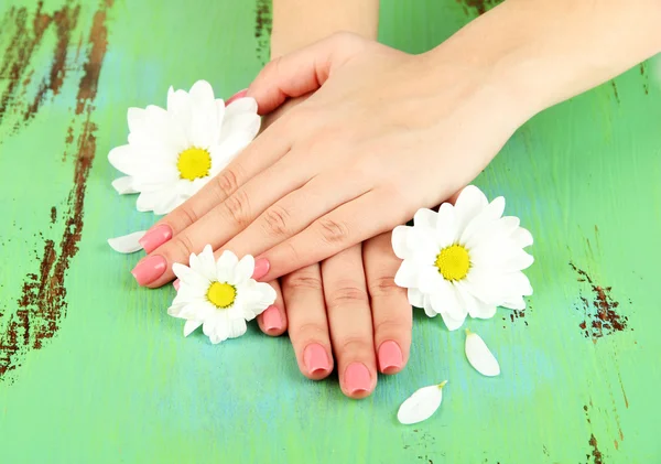 Mãos de mulher com manicure rosa e flores, em fundo de cor — Fotografia de Stock