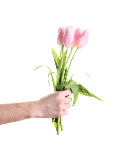 Belo buquê de tulipas rosa na mão do homem, isolado em branco — Fotografia de Stock