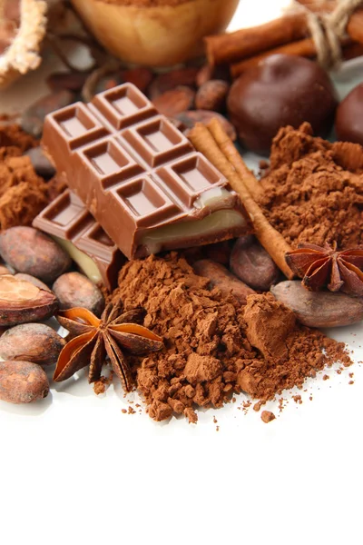 Composition of chocolate sweets, cocoa and spices, isolated on white — Stock Photo, Image