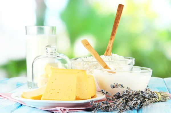 Bicchiere di latte e formaggio su sfondo naturale — Foto Stock