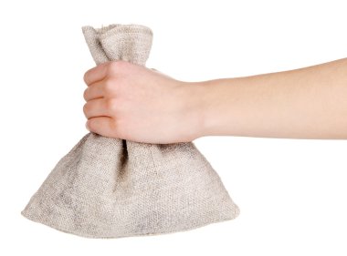 elinde beyaz izole küçük çuval