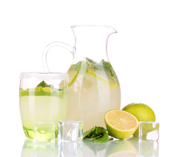 Lemonade in pitcher and glass isolated on white — Stock Photo, Image