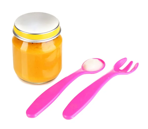 Forchetta rosa e cucchiaio per alimenti per bambini con nutrizione per bambini isolata su bianco — Foto Stock