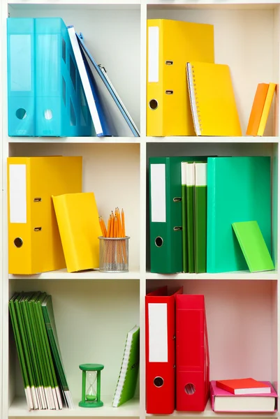 White office shelves with different stationery, close up — Stock Photo, Image