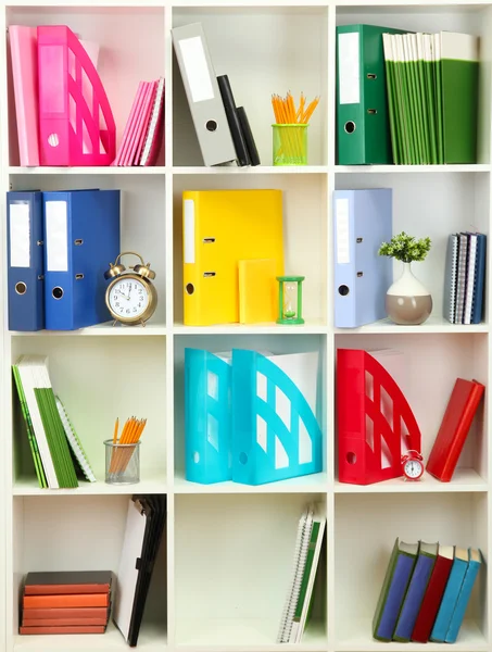 White office shelves with different stationery, close up — Stock Photo, Image