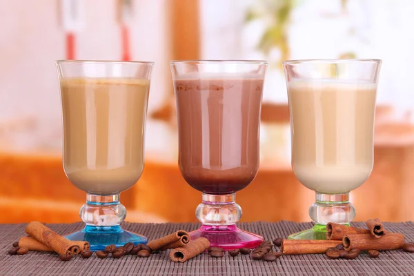 Layered coffee in glass on table on bright background — Stock Photo, Image