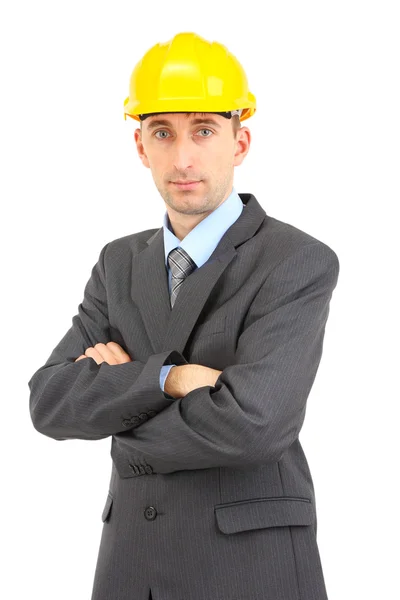 Young businessman in helmet isolated on whit — Stock Photo, Image