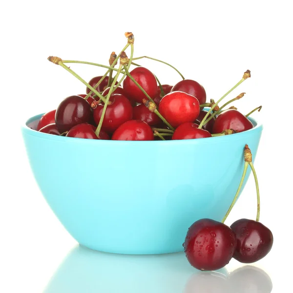 Cherry in a blue bowl isolated on white — Stock Photo, Image
