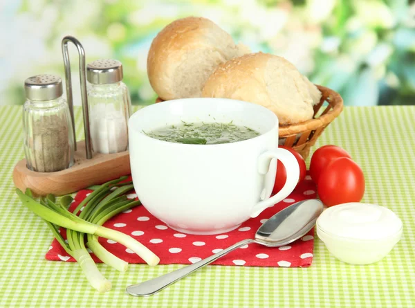 Doftande soppa i cup på bord i trädgården — Stockfoto