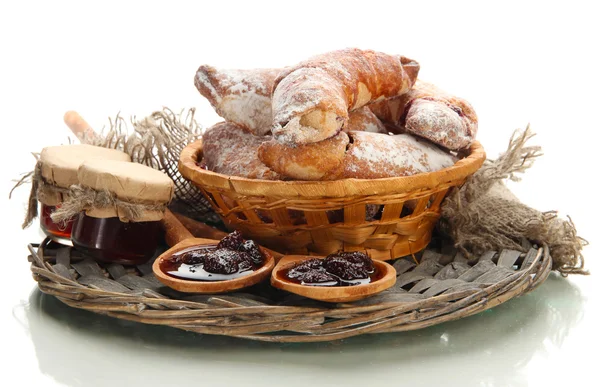 Taste croissants in basket and jam isolated on whit — Stock Photo, Image