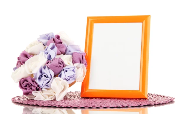 Colorful photo frame and flowers isolated on white — Stock Photo, Image