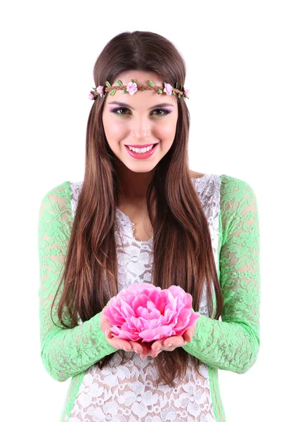 Hermoso retrato de mujer de primavera, aislado en blanco — Foto de Stock