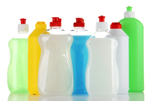 Flaskor med diskmedel, isolerad på vit — Stockfoto