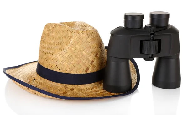 Black modern binoculars with straw hat isolated on white — Stock Photo, Image