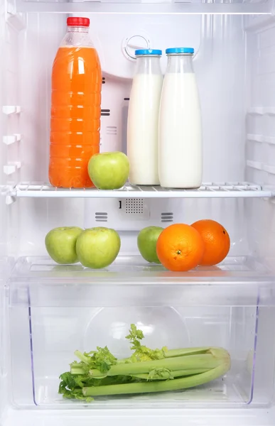 Open refrigerator with vegetarian (diet) food — Stock Photo, Image