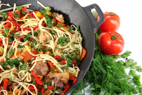 Noodles with vegetables on wok close-up — Stock Photo, Image