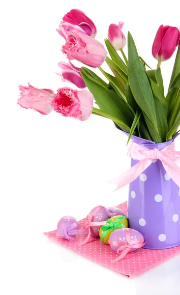 Easter composition with fresh tulips and easter eggs isolated on white — Stock Photo, Image