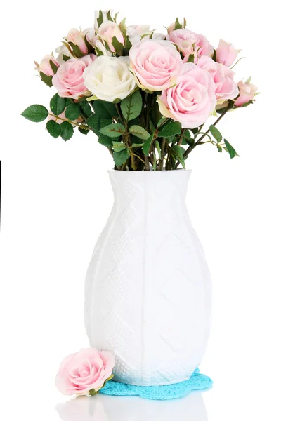 Beautiful pink and white roses in vase isolated on white — Stock Photo, Image