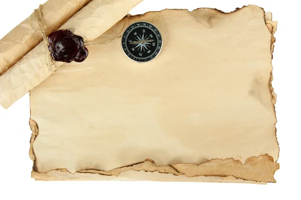 Old paper, scrolls and compass isolated on white — Stock Photo, Image