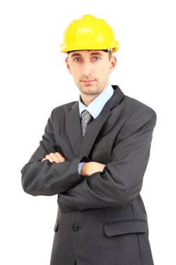 whit üzerinde izole kask içinde genç işadamı