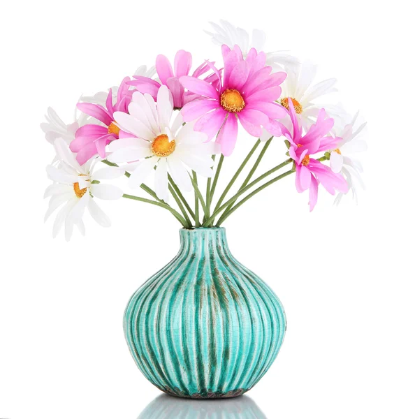 Beautiful daisies in colorful vase isolated on white — Stock Photo, Image