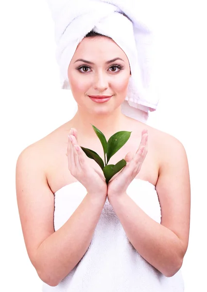 Beautiful young woman with green leafs isolated on white — Stock Photo, Image