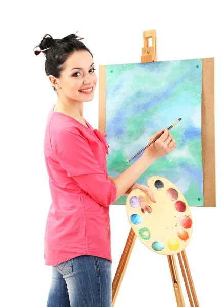 Beautiful young woman painter at work, isolated on white — Stock Photo, Image