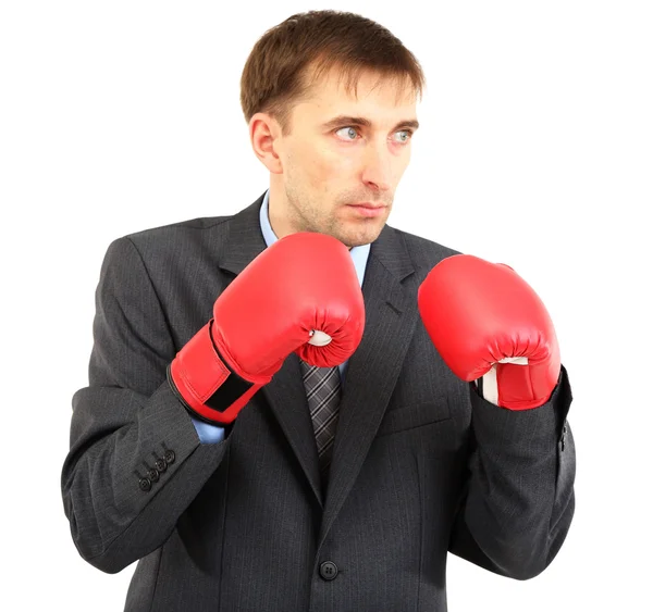 Homem de negócios em luvas de boxe isolado em branco — Fotografia de Stock