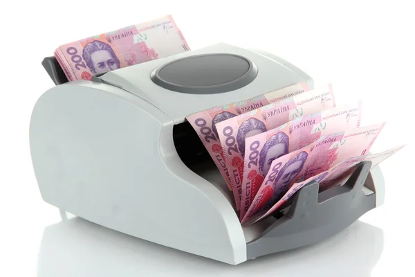 Machine for counting money with Ukrainian money, isolated on white — Stock Photo, Image