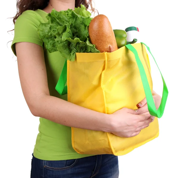 Flicka med shopping väska isolerad på vit — Stockfoto