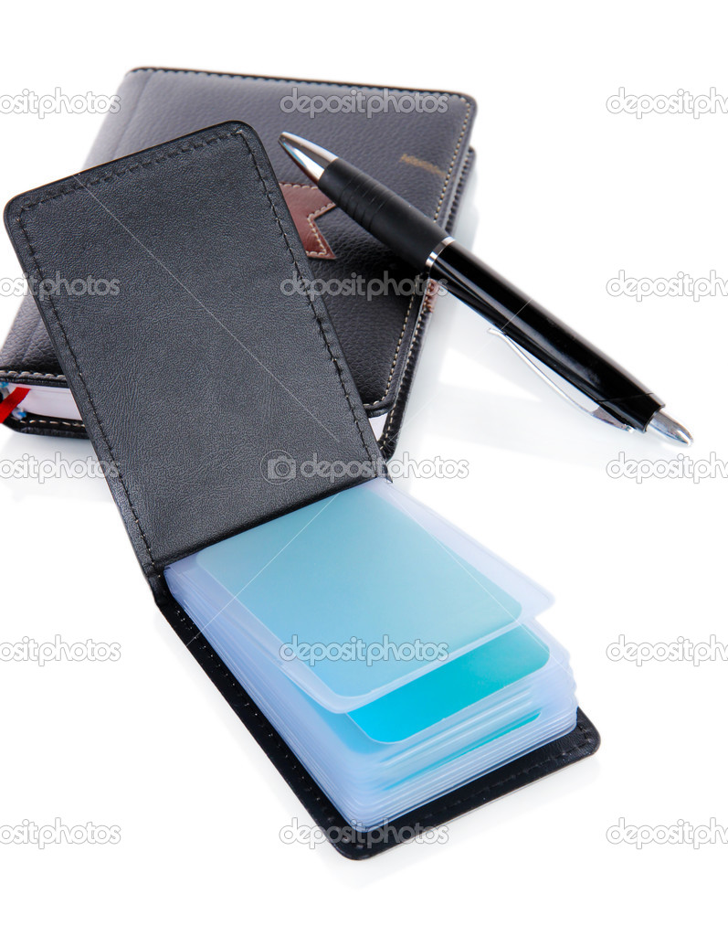 Black business card holder notebook and pen isolated on white
