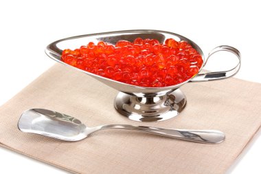 Red caviar in silver bowl isolated on white clipart