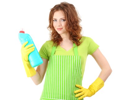 Young woman wearing rubber gloves with cleaner, isolated on white