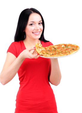 güzel kız beyaz izole pizza yemek istiyor.