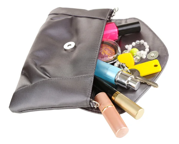 Itens contidos na bolsa feminina isolados em branco — Fotografia de Stock