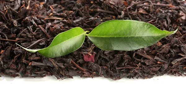 Chá preto seco com folhas verdes, isolado em branco — Fotografia de Stock