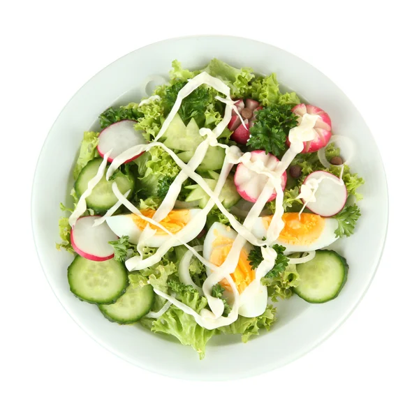 Fresh mixed salad with eggs, salad leaves and other vegetables, isolated on white — Stock Photo, Image