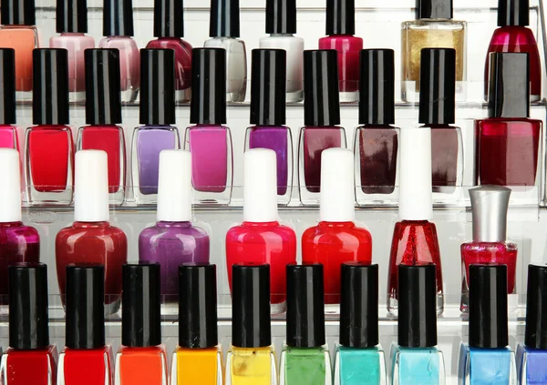 Bright nail polishes on shelf, close up — Stock Photo, Image