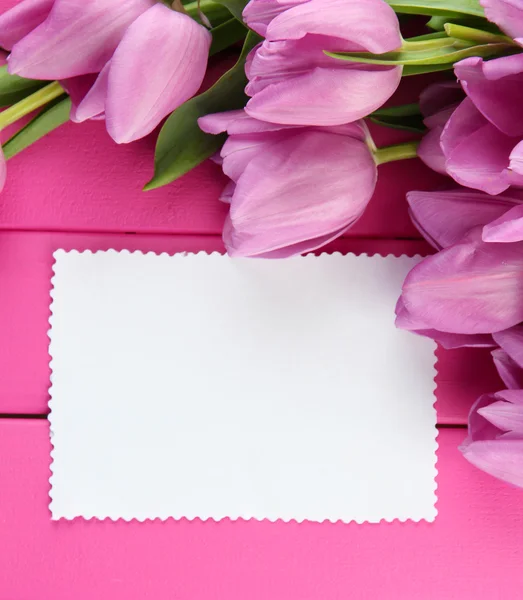 Beau bouquet de tulipes violettes et carte blanche sur fond de bois rose — Photo