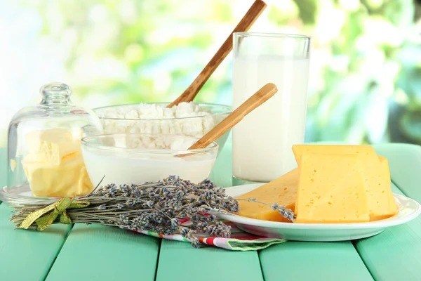Copo de leite e queijo em fundo natural — Fotografia de Stock