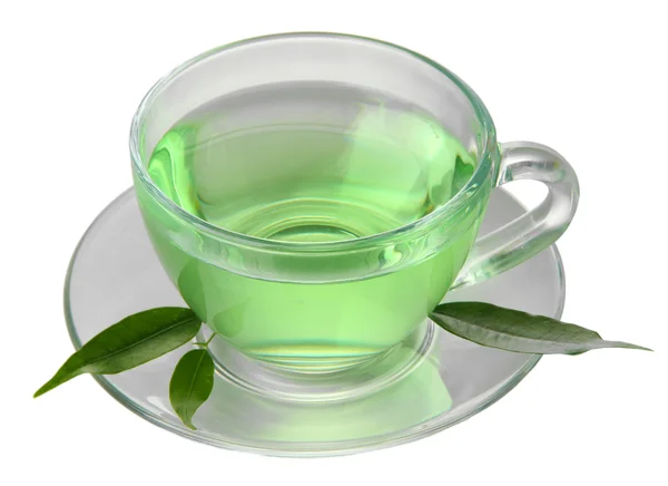 Taza transparente de té verde, aislada en blanco — Foto de Stock