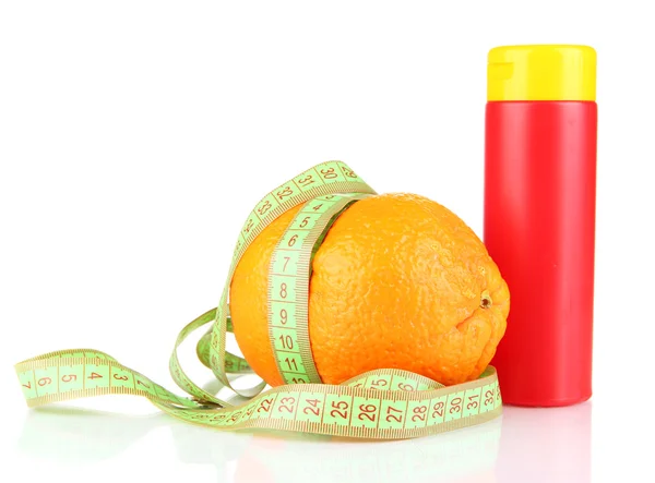 Orange with measuring tape and body cream, isolated on white — Stock Photo, Image