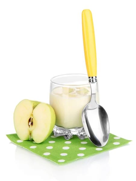 Delicious yogurt in glass with apple isolated on white — Stockfoto