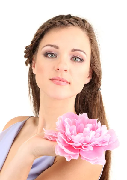 Jovem com belo penteado e flor, isolada em branco — Fotografia de Stock