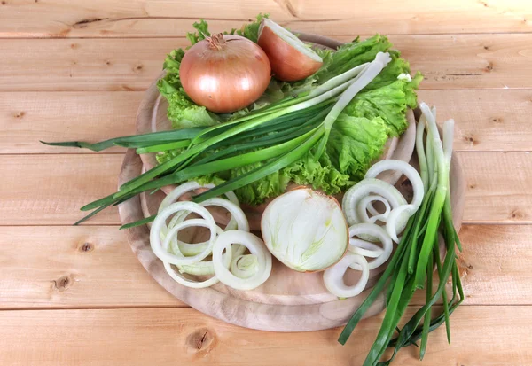 Composition with herbs and onions on wooden table — Stock Photo, Image