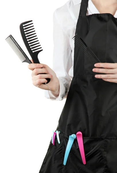 Peluquería en uniforme con herramientas de trabajo, aislado en blanco — Foto de Stock