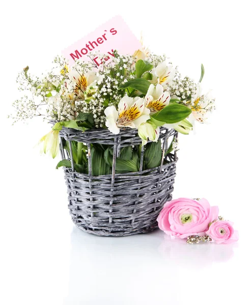 Bouquet of flowers in basket isolated on white — Stock Photo, Image