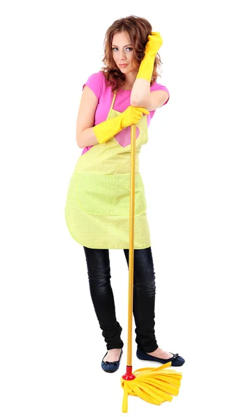 Young housewife with mop, isolated on white — Stock Photo, Image